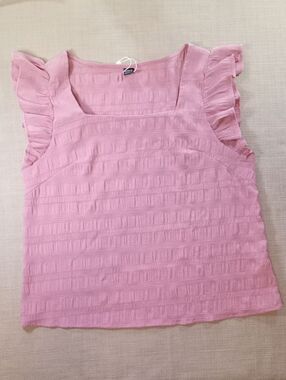 Women's Size Large SHEIN Pink Square Neck Ruffle Sleeve Blouse